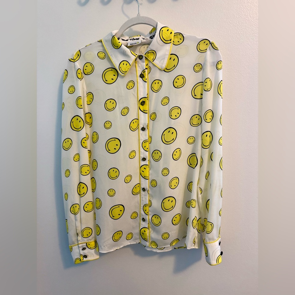 Alice + Olivia Yellow Smiley Collab Silk Willa Blouse Shirt Medium M
